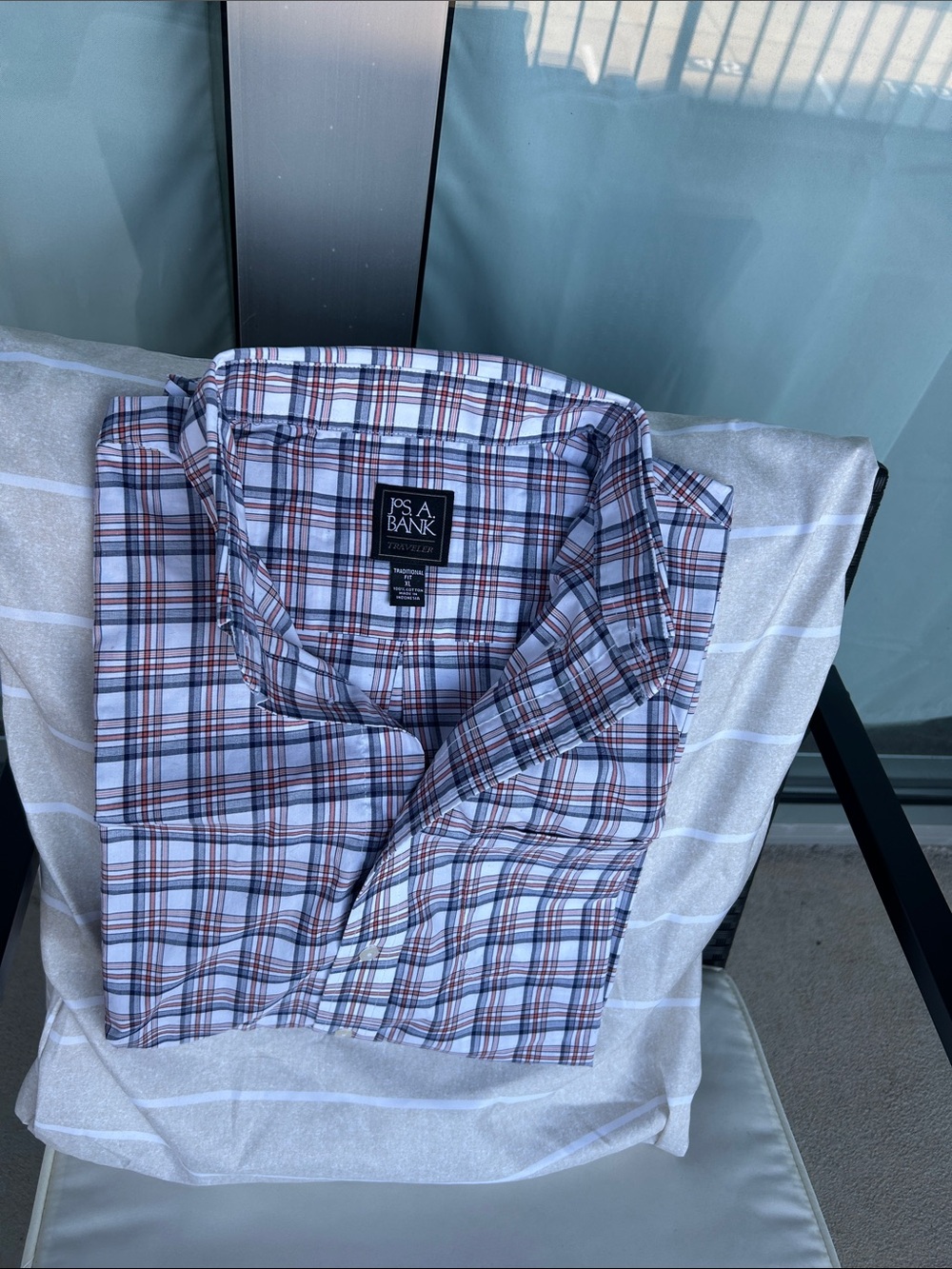 Jos. A. Bank White Plaid Button-Down with Blue and Brown Stripes